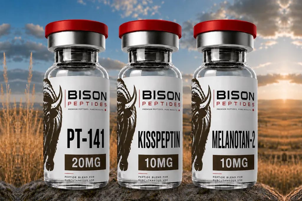 PT-141, Kisspeptin, and Melanotan-2 research vials in the sexual wellness peptides collection